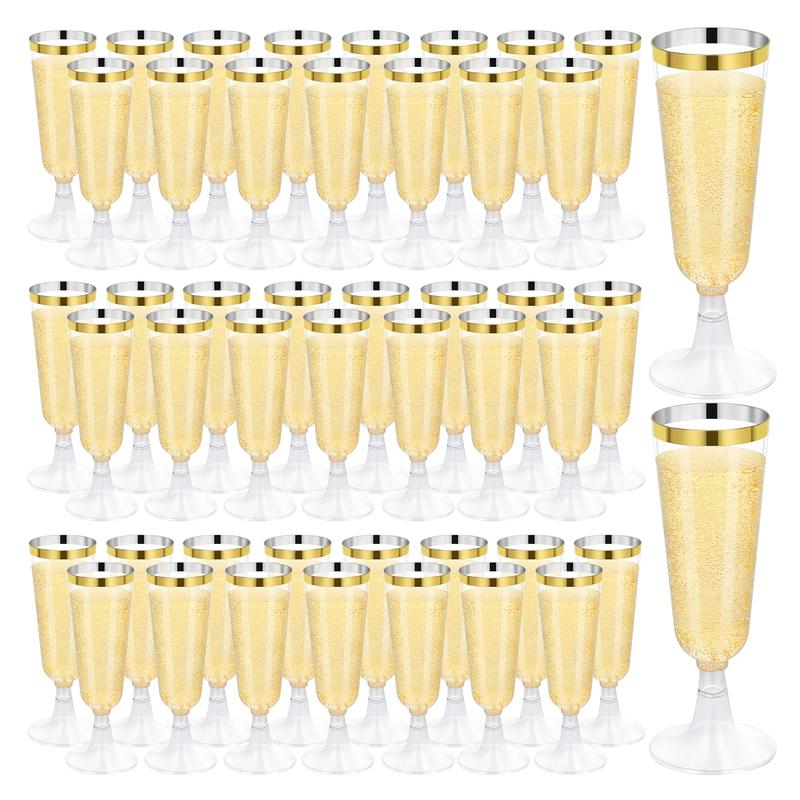 mwellewm 100 Pcs Plastic Champagne Flutes, Disposable Clear Gold Rim Champagne Glasses, 5oz Plastic Wine Glasses, Assemble Plastic Champagne Cups for Party Wedding Cocktail Cups (Gold)