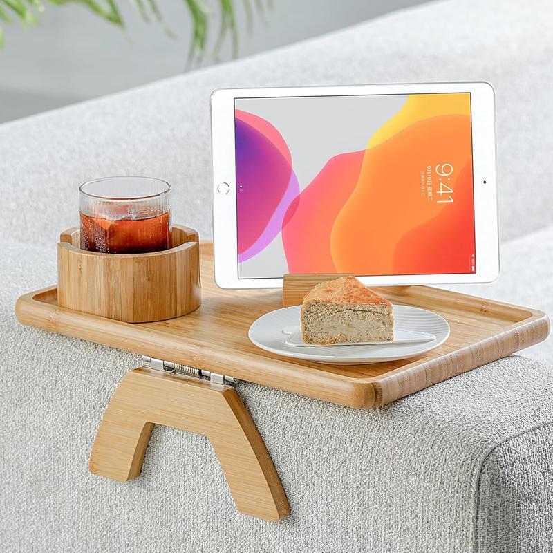 Bamboo Couch Arm Tray, TV Dinner Tray for Sofa Loveseats with Cup Holder Phone Tablet Holder, Clip on Armrest Side End Table Replacement for Meal Drink Remote Glasses, with Raised Edges