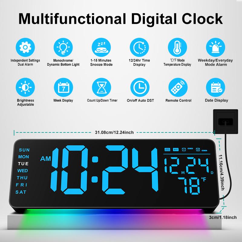 CLOCCERS Large Screen Digital Wall Clock With Temperature Date Week Display Auto DST, Desk Countdown Digital Timer, 5-level Brightness Adjustment Auto Led Dual Alarm Clock with Remote Control for Living Room, Bedroom, Desk Decor, Mounted, Gift for Elderly