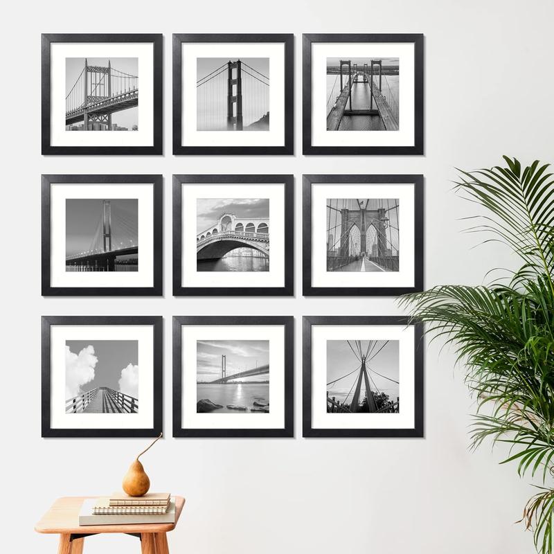 12x12 Gallery Wall Frame Set 0f 9, Rustic Simple 12x12 Frame for Pictures 12x12 without Mat or 8x8 with Mat, 9 Packs Square Photo Frame Classic Collection Home Office Decor for Wall Decor Glass Lightweight