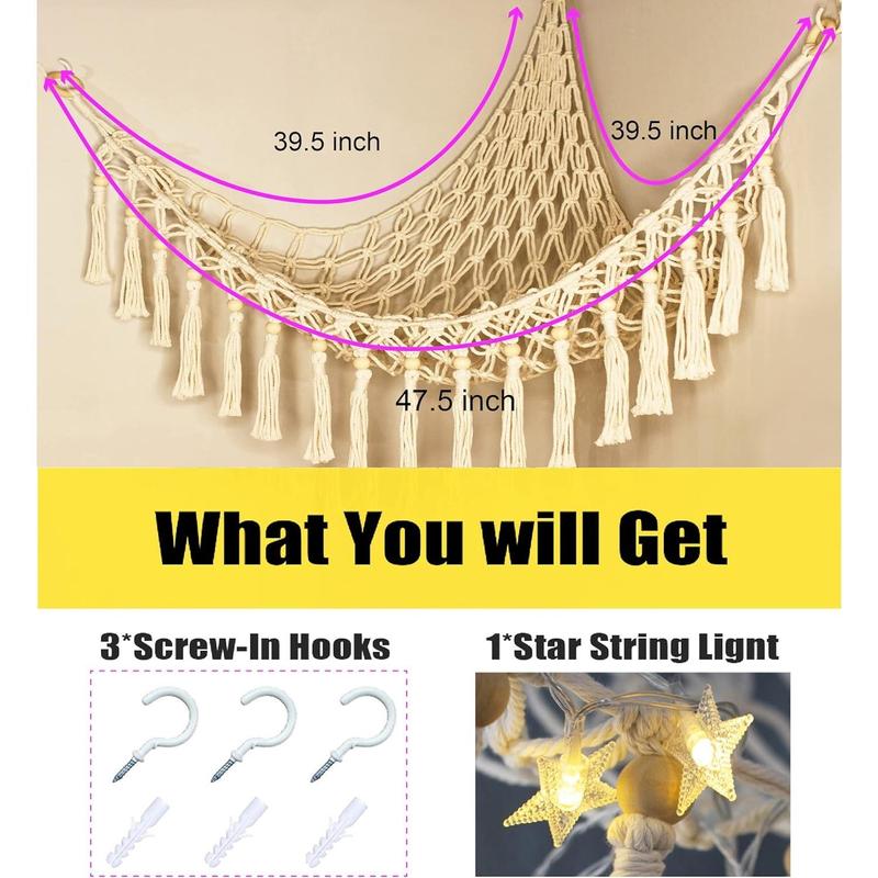 Stuffed Animal  Storage Hammock with LED Light - Macrame Jumbo Doll Room Corner Organizer Mesh Decorations - Hanging Storage Nets  Bedroom(Beads)