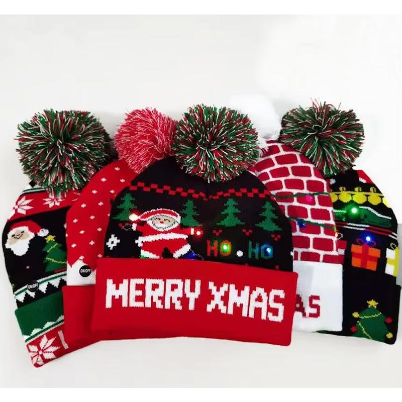 New Style! LED Christmas Hat Beanie Light up Illuminate Warm Hat 48 Patterns New Year Snowman Sweater Hat Christmas Decorations Does not apply