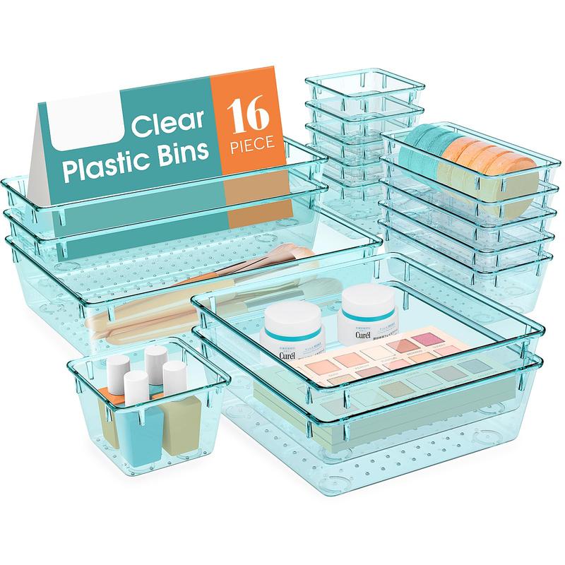 16 Pcs Clear Drawer Organizer, 5 Varied Size Multi-functional Stackable Bedroom Dressing Table Storage Box for Cosmetic Stationery, Desk Accessories, Kitchen and Office Storage Box, Home Decor