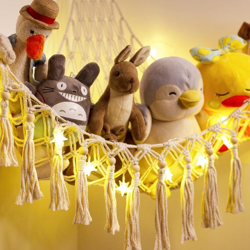 Stuffed Animal  Storage Hammock with LED Light - Macrame Jumbo Doll Room Corner Organizer Mesh Decorations - Hanging Storage Nets  Bedroom(Beads)