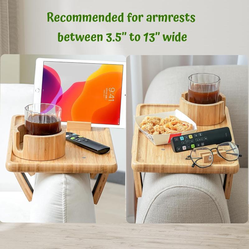 Bamboo Couch Arm Tray, TV Dinner Tray for Sofa Loveseats with Cup Holder Phone Tablet Holder, Clip on Armrest Side End Table Replacement for Meal Drink Remote Glasses, with Raised Edges