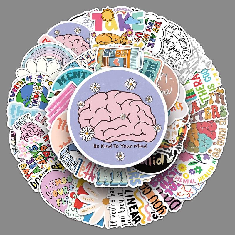 Mental Health Themed Sticker (50pcs), Waterproof Self Adhesive Decorative Sticker, Decor Sticker for Gift Greeting Card Water Bottle Laptop Phone Scrapbooking Journal Making