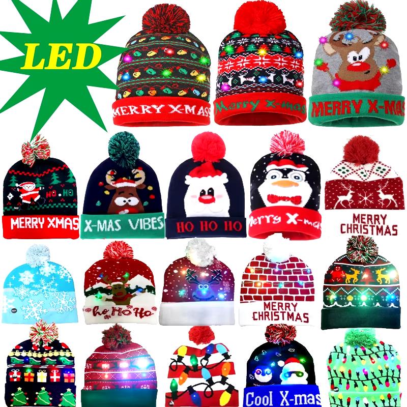 New Style! LED Christmas Hat Beanie Light up Illuminate Warm Hat 48 Patterns New Year Snowman Sweater Hat Christmas Decorations Does not apply