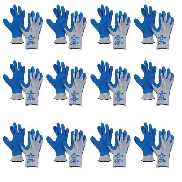 12 Pairs - SHOWA ATLAS 300 Natural Latex Palm Coated General Purpose Work Glove - Blue, Size Medium and Large - Pack of 12 Pairs