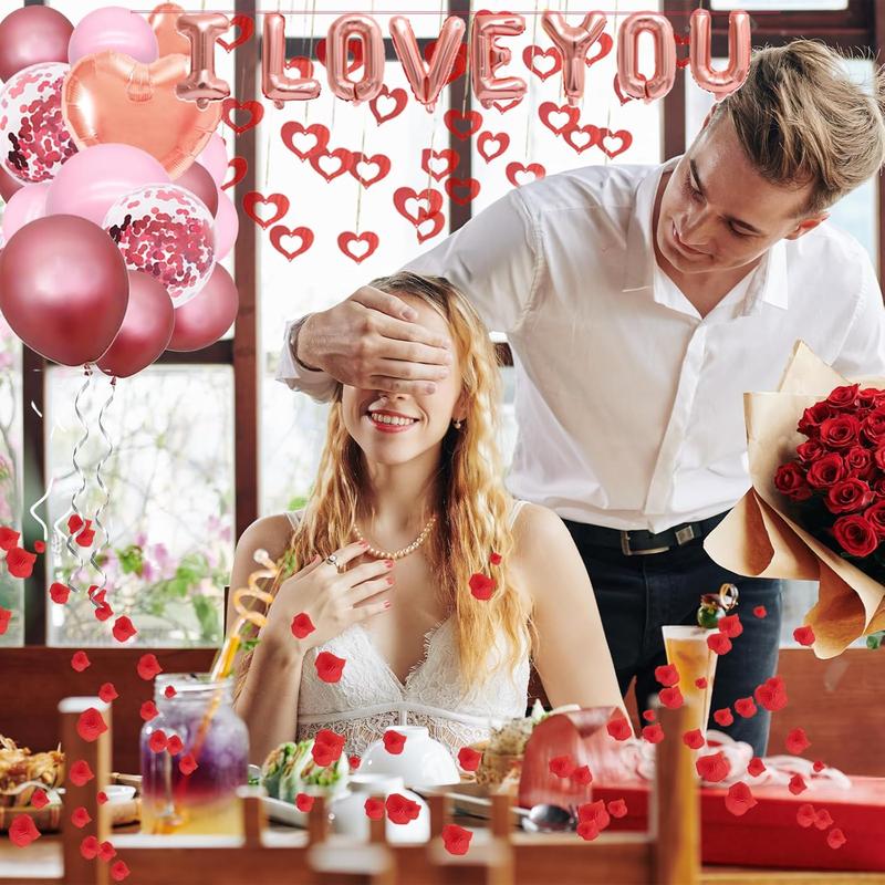 Romantic Valentine's Day Balloons Decorations Set - Heart Shaped and 'I LOVE YOU' Foil Balloons, Pink & Rose  & Confetti Latex Balloons, Pendants, and Rose Petals for Wedding Propose Party Favors