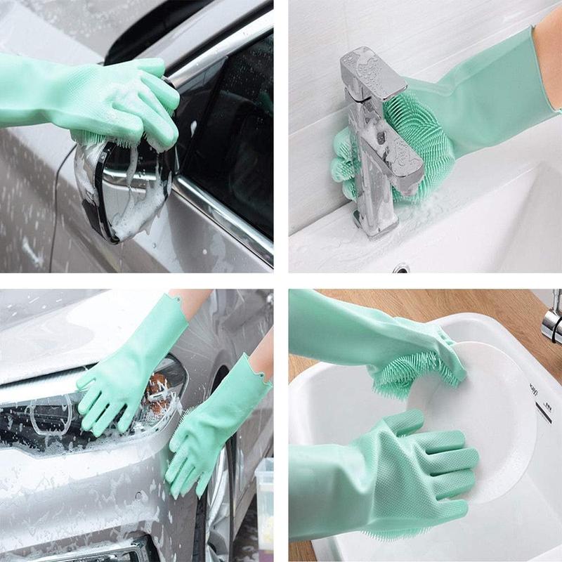 Silicone Dishwashing Gloves, Rubber Scrubbing Gloves, Sponge Cleaning Brush for Dishes Housework, Kitchen, Cars