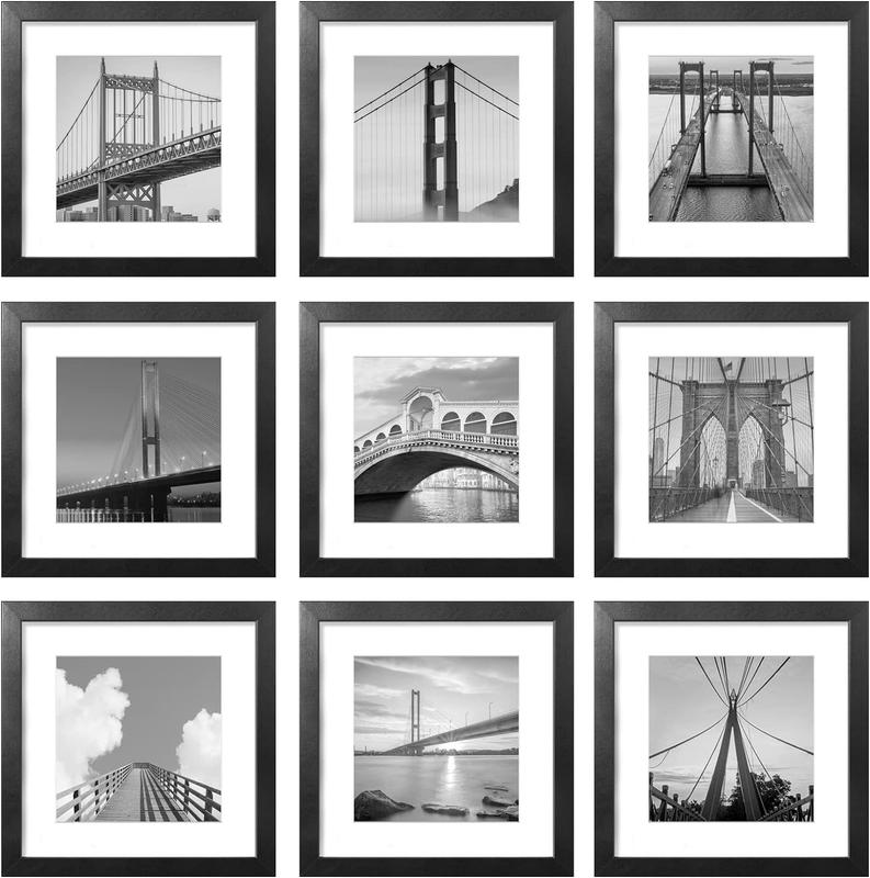 12x12 Gallery Wall Frame Set 0f 9, Rustic Simple 12x12 Frame for Pictures 12x12 without Mat or 8x8 with Mat, 9 Packs Square Photo Frame Classic Collection Home Office Decor for Wall Decor Glass Lightweight