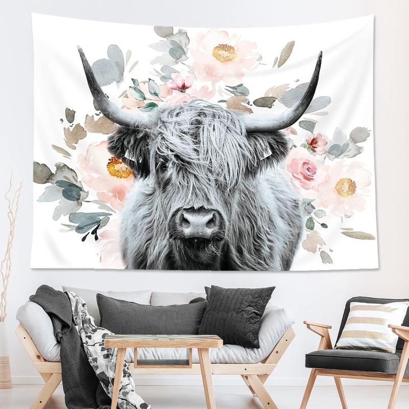 AMBZEK Highland Cow Tapestry 51Hx59W Inch Farmhouse Eucalyptus Leaves Bull Western Farm Country Rustic Cattle Animal Wildlife Plant Botanical Funny Wall Hanging Bedroom Living Room Dorm Decor Fabric Cloth Table