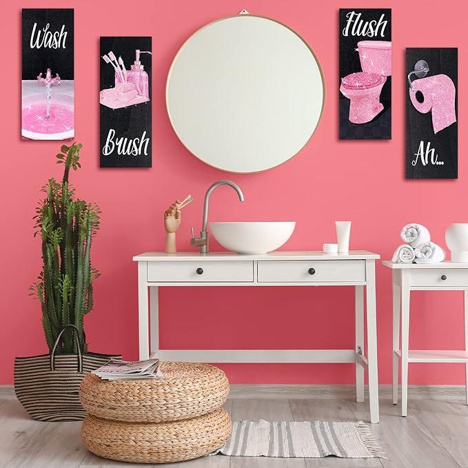 4 Pcs Women Funny Wall Art Bathroom Decor 9.84 x 3.94 x 0.2 Inch Glam Bathroom Wall Decor Modern Women Funny Bathroom Wood Hanging Decors for Home Bathroom(Sweet,Pink)