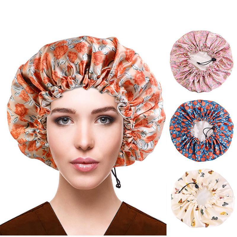 Double Layer Floral Print Hair Cap, Adjustable Hair Bonnet, Hair Care & Styling Cap for Women & Men