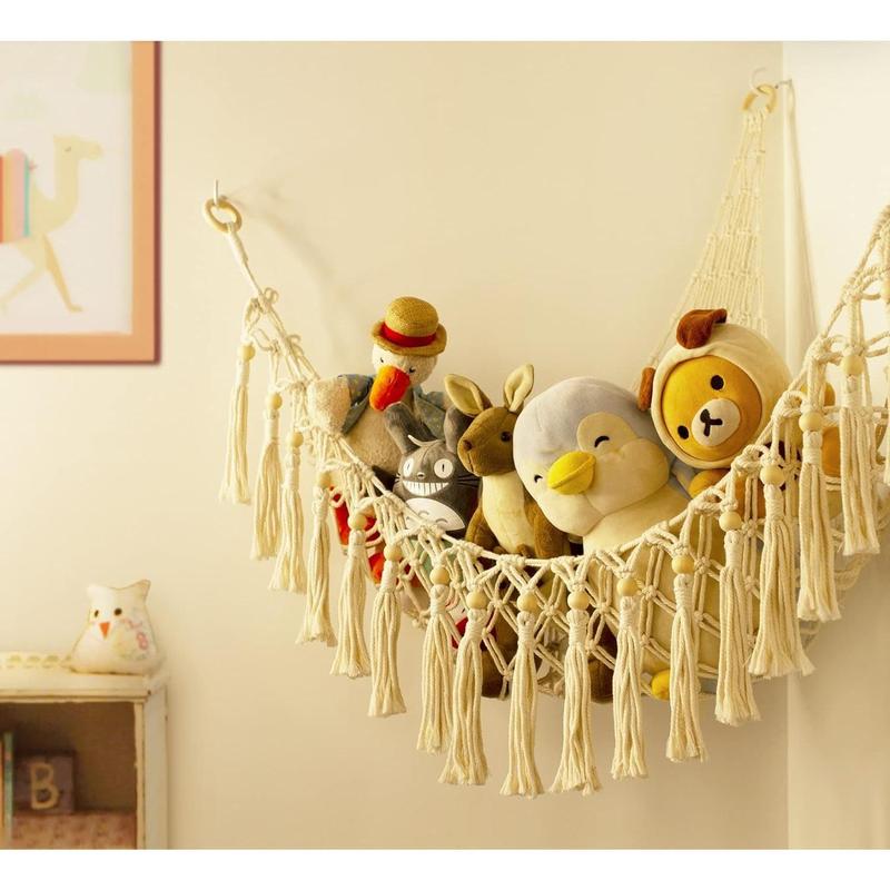 Stuffed Animal  Storage Hammock with LED Light - Macrame Jumbo Doll Room Corner Organizer Mesh Decorations - Hanging Storage Nets  Bedroom(Beads)