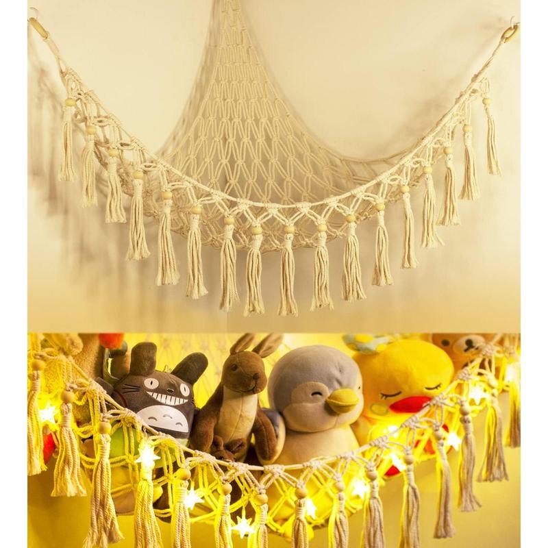 Stuffed Animal  Storage Hammock with LED Light - Macrame Jumbo Doll Room Corner Organizer Mesh Decorations - Hanging Storage Nets  Bedroom(Beads)