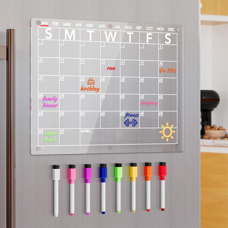 Acrylic Magnetic Dry Erase Board Calendar for Fridge, Clear Monthly Planner Whiteboard for Refrigerator, w  8 Colors Dry Erase Markers, 15