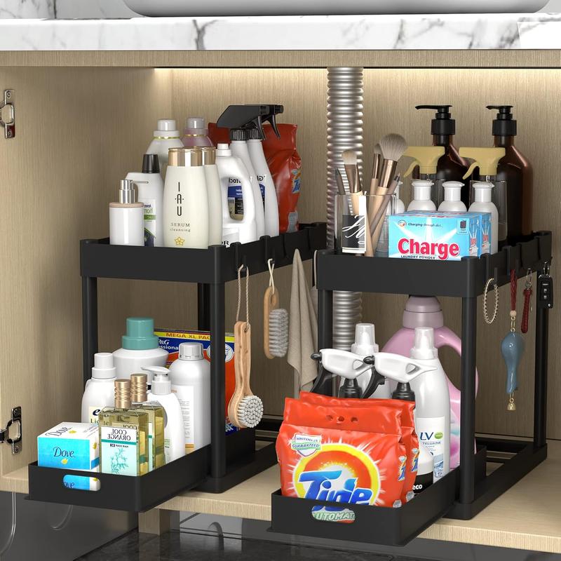 Limited Time Deal: 2PC Under Sink Organizer Rack! 2-tier sliding cabinet baskets with 4 hooks. Multi-purpose storage for bathroom, kitchen.