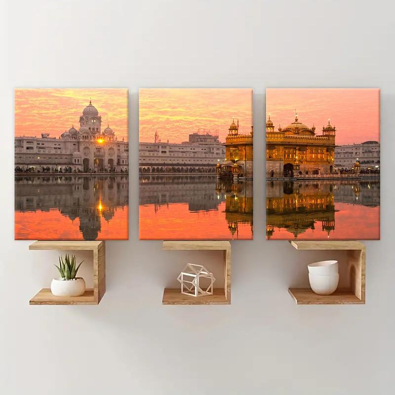 Wooden Framed Canvas Painting, 3 Counts set Modern Architectural Sunset Pattern Wall Art, Wall Decor for Home Living Room Bedroom Office