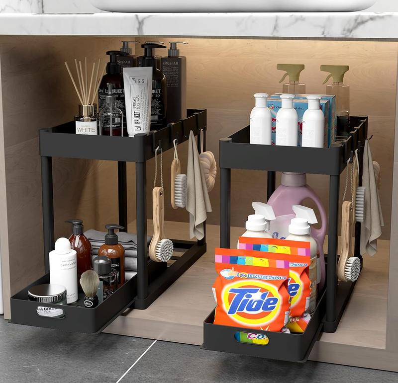 Limited Time Deal: 2PC Under Sink Organizer Rack! 2-tier sliding cabinet baskets with 4 hooks. Multi-purpose storage for bathroom, kitchen.