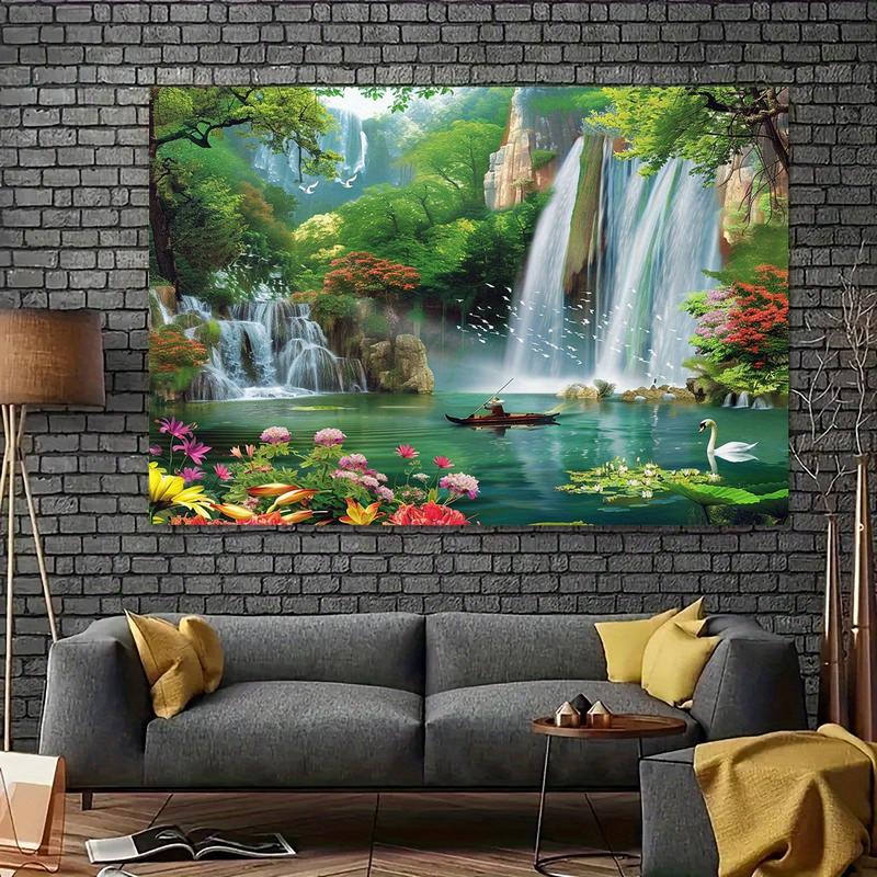 Waterfall Landscape Tapestry - Artistic natural scene background for home and party decorations, universal holiday decorations, rooms, Peach Print Christmas Themed flower room decor flower room decor flower room decor