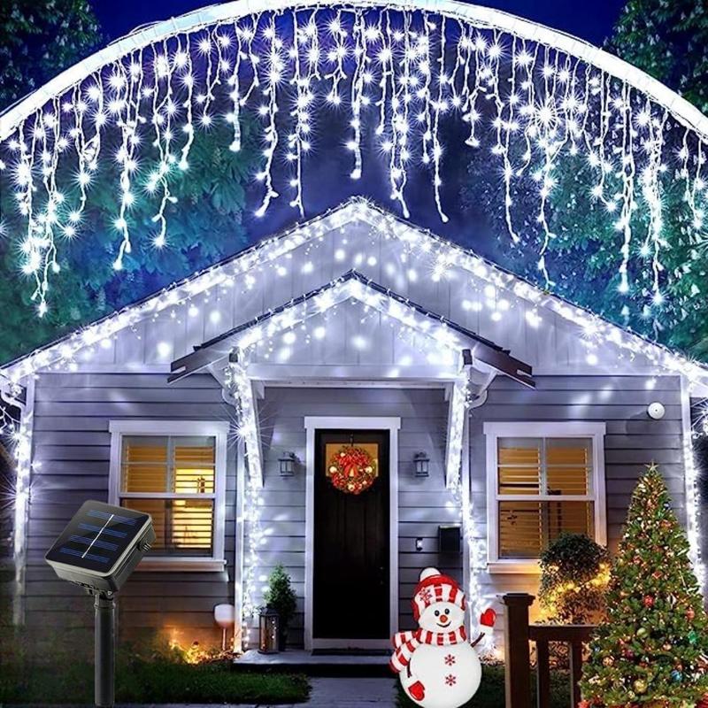 Solar Outdoor Light with 8 Modes Icicle Lights, 1 Count Solar 96 LED Christmas Lights Outdoor with 16 Drops, Gaming Lights, Waterproof Fairy String Lights for Party, Holiday, Wedding & Garden Decor