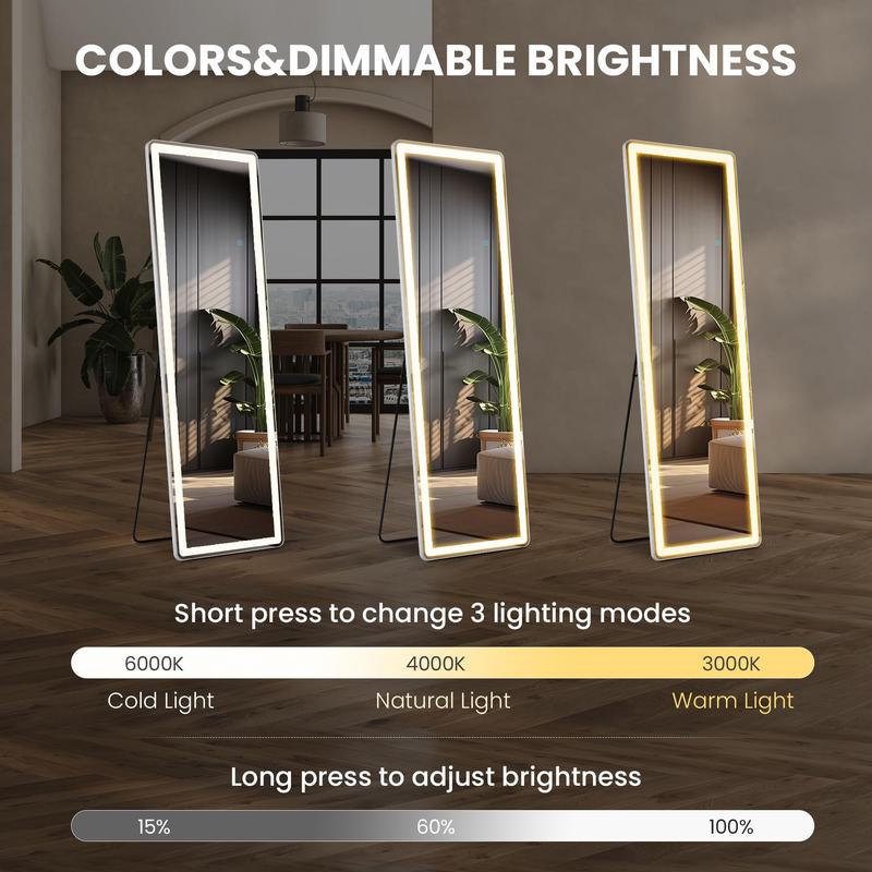 Floor Mirror with LED Light - 64” x 21” full-length mirror featuring a stand, dimming options, and three color lighting. This versatile mirror can be wall-mounted or used freestanding, making it perfect for full-body viewing in the living room, bedroom.