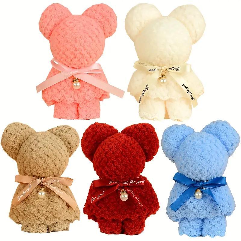 Random Color Cute Bear Design Bath Towel Set, 10pcs set Including 5 Bath Towels & 5 Clear Bags, Party Gift for Wedding, Birthday, Christmas