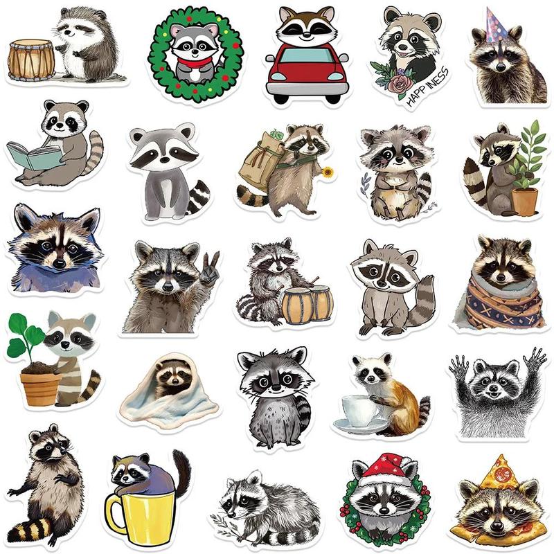 Cartoon Raccoon Pattern Sticker, 50pcs Cute Cartoon Raccoon Graffiti Sticker, DIY Decorative Sticker for Water Bottle, Laptop, Luggage