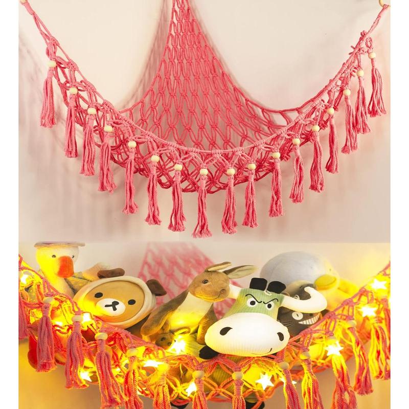 Stuffed Animal  Storage Hammock with LED Light - Macrame Jumbo Doll Room Corner Organizer Mesh Decorations - Hanging Storage Nets  Bedroom(Beads)