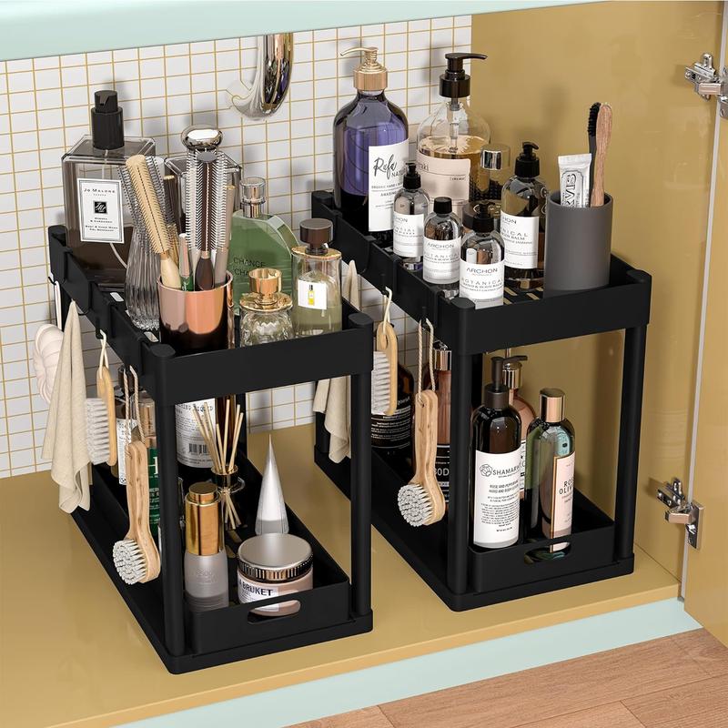 Limited Time Deal: 2PC Under Sink Organizer Rack! 2-tier sliding cabinet baskets with 4 hooks. Multi-purpose storage for bathroom, kitchen.