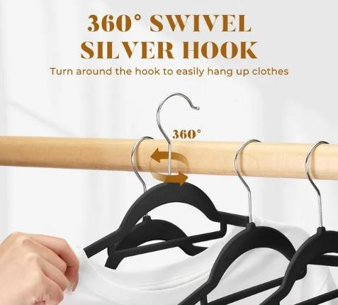 Velvet Hangers with Tie Bar 20 Pack Black, Standard Hangers with 360° Swivel Hook, Space Saving Felt Hangers for Pants, Coat, Suits, Shirt, Scarf, No Hanger Marks