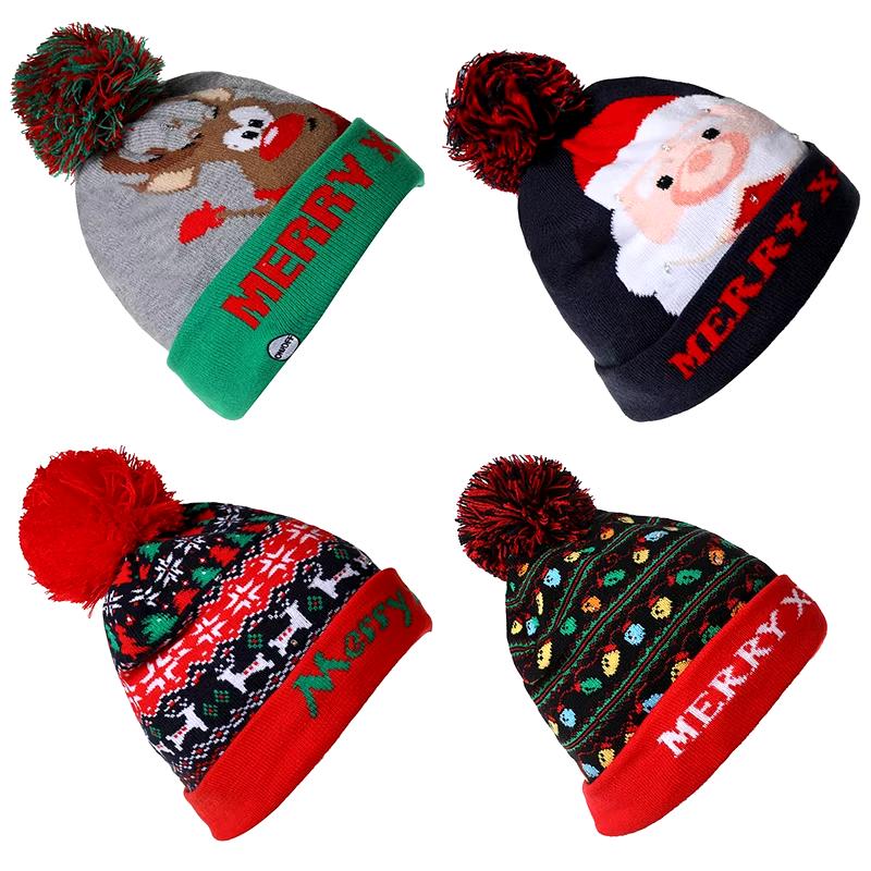 New Style! LED Christmas Hat Beanie Light up Illuminate Warm Hat 48 Patterns New Year Snowman Sweater Hat Christmas Decorations Does not apply