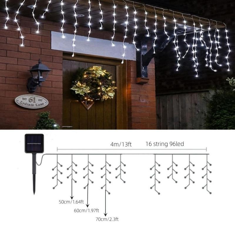 Solar Outdoor Light with 8 Modes Icicle Lights, 1 Count Solar 96 LED Christmas Lights Outdoor with 16 Drops, Gaming Lights, Waterproof Fairy String Lights for Party, Holiday, Wedding & Garden Decor