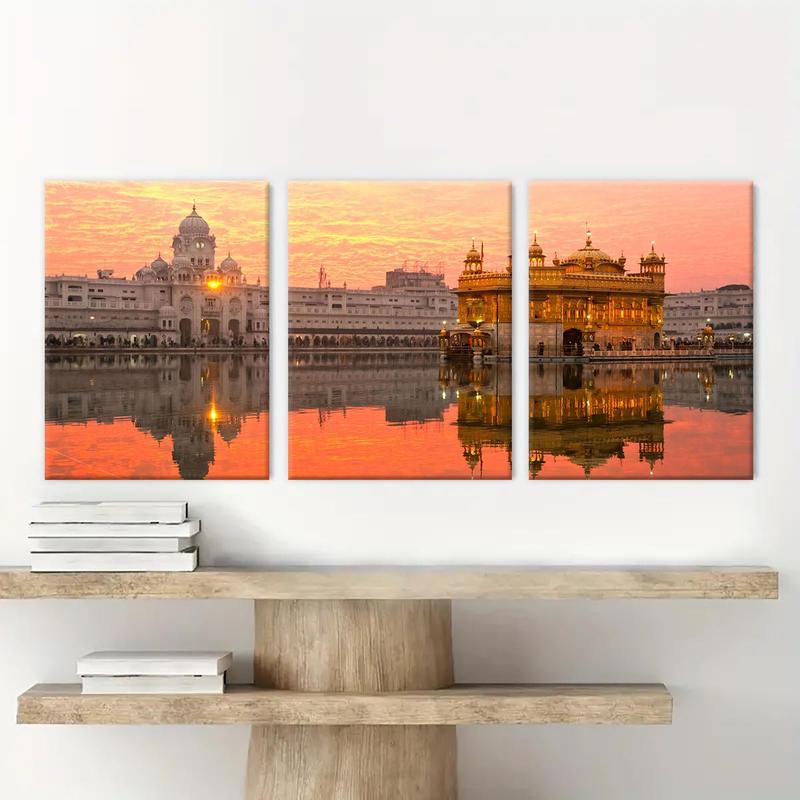 Wooden Framed Canvas Painting, 3 Counts set Modern Architectural Sunset Pattern Wall Art, Wall Decor for Home Living Room Bedroom Office