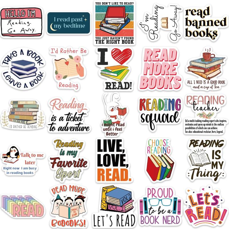 Reading Themed Sticker, 50pcs set Cartoon Book Pattern Sticker, Room Decor, Decorative Sticker for Phone Case, Computer, Guitar, Bag, Water Cup, Scrapbook, Trending Home Decor 2024