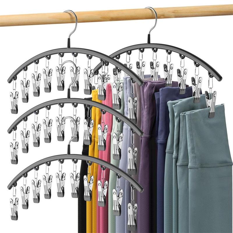 Curved Hanger, 4 Counts Stainless Steel Space-saving Clothes Hanger with Clips, Large Capacity Hanging Clothes Hanger, Clothes Organizer