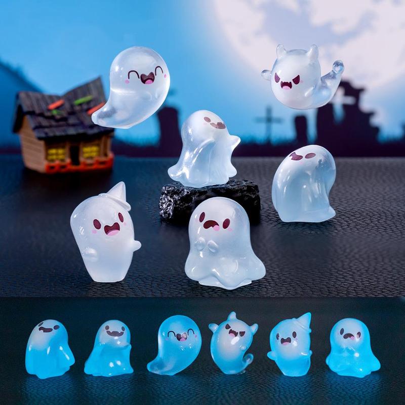 Creative Cute Cartoon Little Ghost Design Resin Ornament, 6 Counts set DIY Mini Resin Craft, Glow in The Dark Home Decor, Cute Decoration for Home & Office