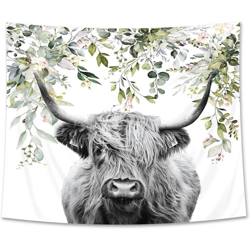 AMBZEK Highland Cow Tapestry 51Hx59W Inch Farmhouse Eucalyptus Leaves Bull Western Farm Country Rustic Cattle Animal Wildlife Plant Botanical Funny Wall Hanging Bedroom Living Room Dorm Decor Fabric Cloth Table