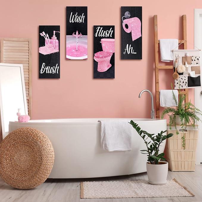 4 Pcs Women Funny Wall Art Bathroom Decor 9.84 x 3.94 x 0.2 Inch Glam Bathroom Wall Decor Modern Women Funny Bathroom Wood Hanging Decors for Home Bathroom(Sweet,Pink)