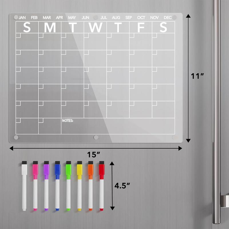 Acrylic Magnetic Dry Erase Board Calendar for Fridge, Clear Monthly Planner Whiteboard for Refrigerator, w  8 Colors Dry Erase Markers, 15