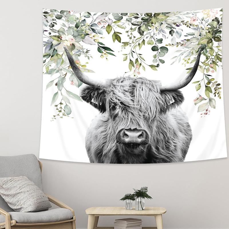 AMBZEK Highland Cow Tapestry 51Hx59W Inch Farmhouse Eucalyptus Leaves Bull Western Farm Country Rustic Cattle Animal Wildlife Plant Botanical Funny Wall Hanging Bedroom Living Room Dorm Decor Fabric Cloth Table