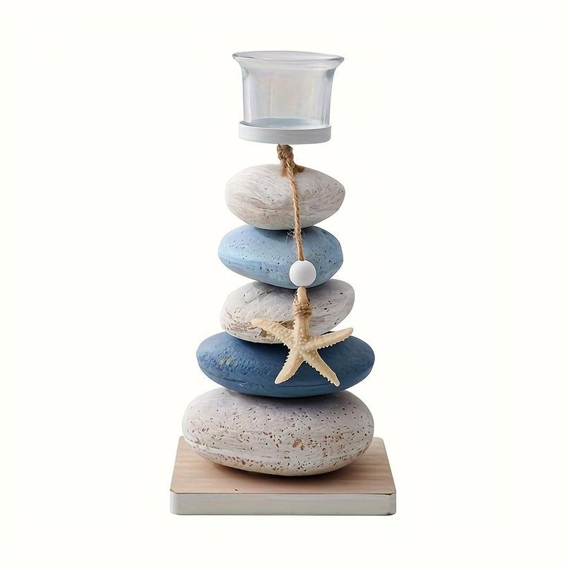 Random Color Stone & Starfish & Shell Design Candle Holder, 1 Count Mediterranean Style Decorative Candle, Desktop Decoration for Home Living Room Bedroom, without Candle