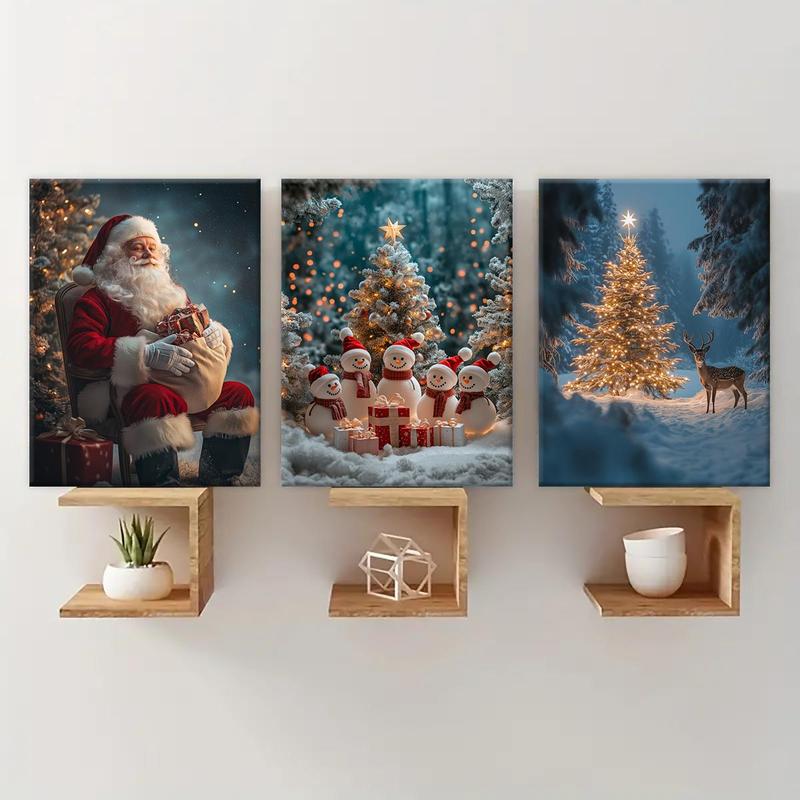 Christmas Wooden Framed Canvas Painting, 3 Counts set Winter Christmas Snow Scene Wall Art, Waterproof Wall Decor  for Home Living Room Bedroom Office