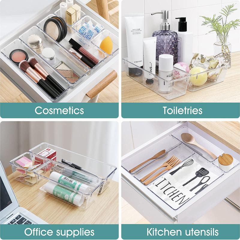 25 PCS Clear Plastic Drawer Organizer Set, 4 Sizes Desk Drawer Divider Organizers and Storage Bins for Makeup, Jewelry, Gadgets for Kitchen