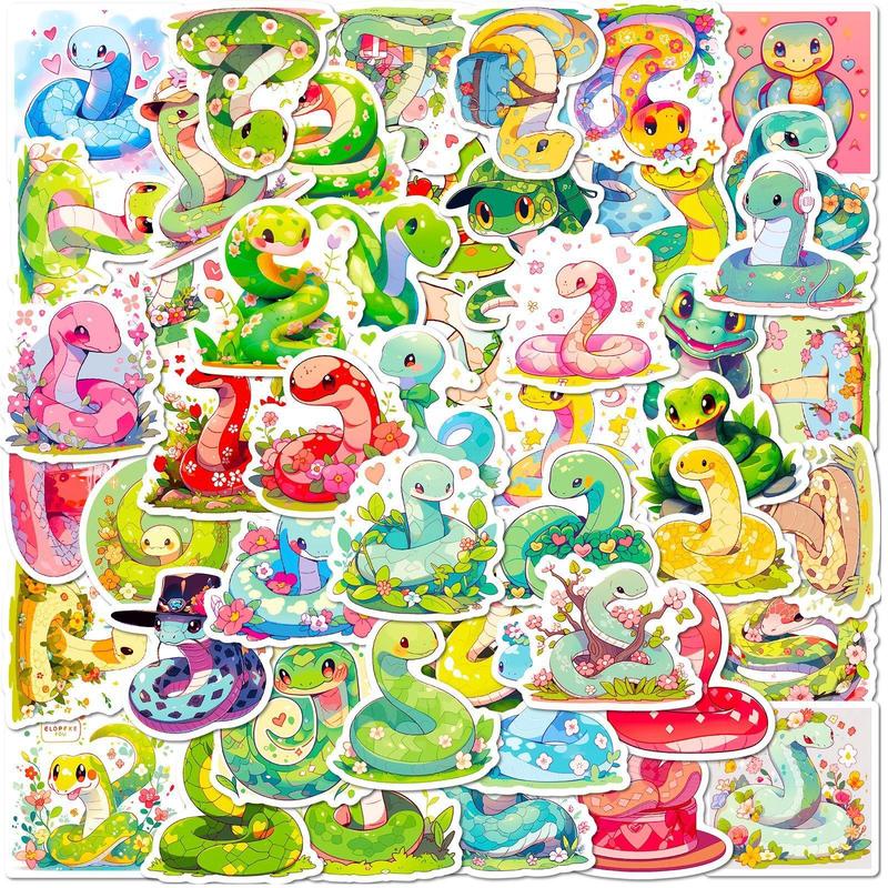 50pcs Cartoon Snake Series Sticker, Waterproof Sticker Pack for Wall Water Bottle Skateboard Helmet Car Bike Luggage Laptop