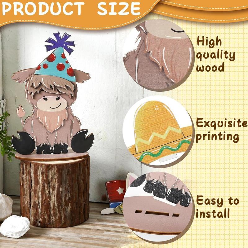 Christmas Wooden Highland Cow Design Decorations, 1 Set Cute Cartoon Animal Tiered Tray Ornament with Interchangeable Seasonal Hat, Tiered Tray Decorations for Home Decor, Room Decor, Fall Decor, Christmas Decor