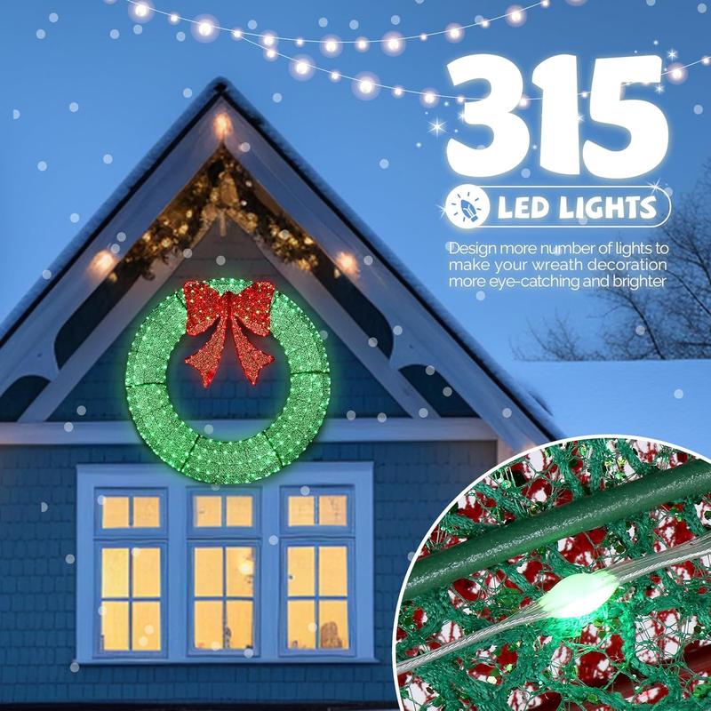 VINGLI 48 Inch Pre-lit Large Christmas Wreath, Outdoor Christmas Wreath with 315 LED Lights for Garage, Windows, Christmas Door Wreath Decorations with Red Bow, Timer Remote Control, Plug-in, Green