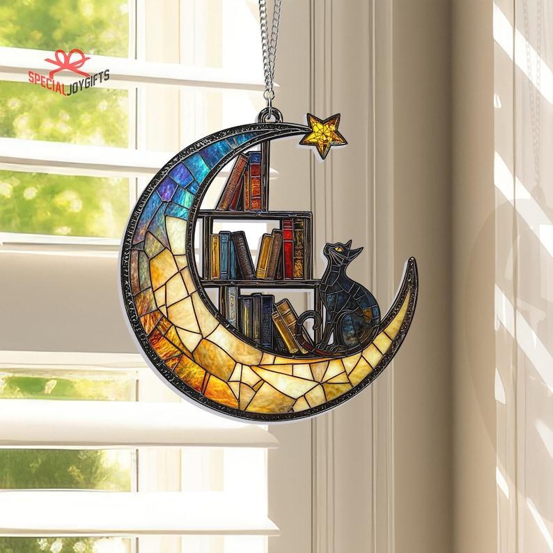 Cat Book On The Moon Suncatcher Window Hanging, Book Window Decor, Book Lover Gift, Book Ornament, Indoor Decor Ornament, Librarian Gift