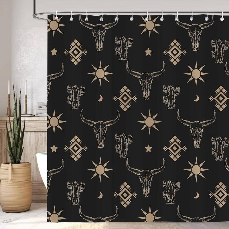 Cow Head Pattern Shower Curtain, 1 Count Waterproof Bathroom Decorative Curtain with 12pcs Hooks,  Bathroom Accessory, Bathroom Decor Supplies for Home Hotel Salon